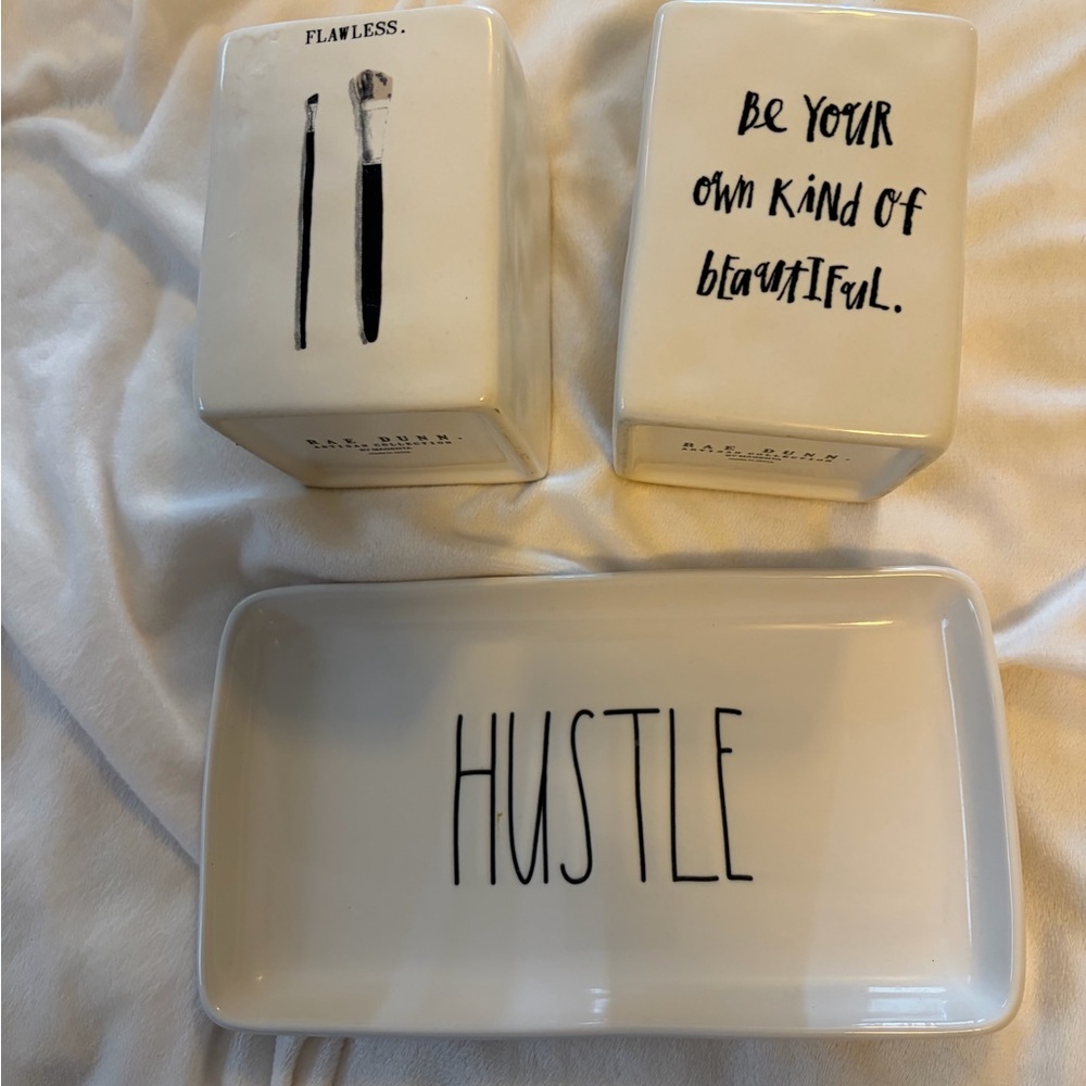 Rae Dunn White Ceramic Vanity Set with Text